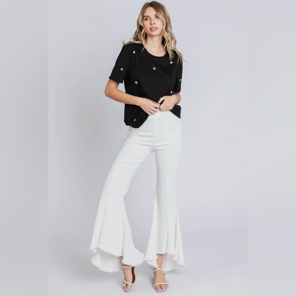 🟠 368B-WHITE. High Low Flared Stretch Jeans